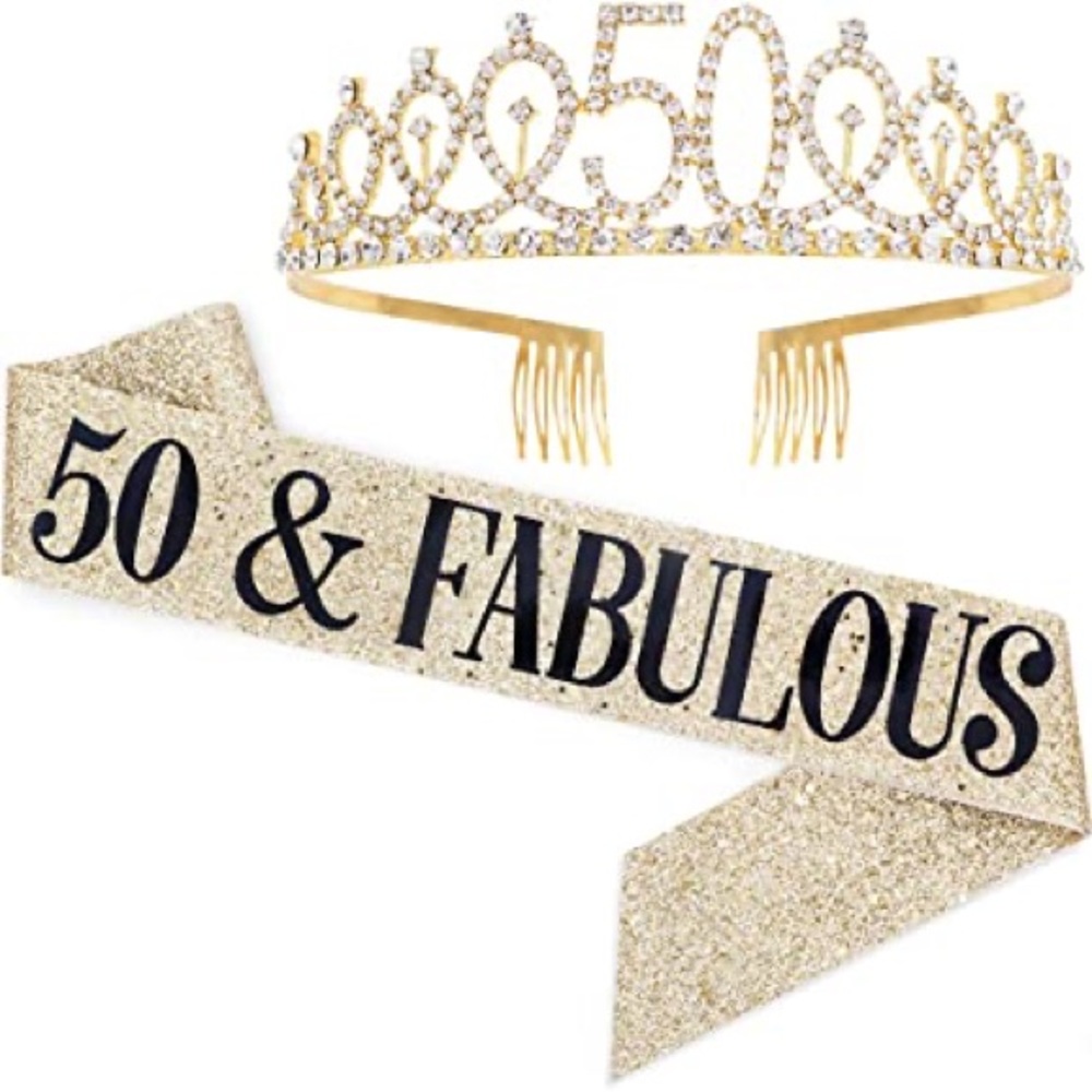 Amazon 50 and Fabulous" Sash & Rhinestone Tiara Set - 50th Birthday Sash